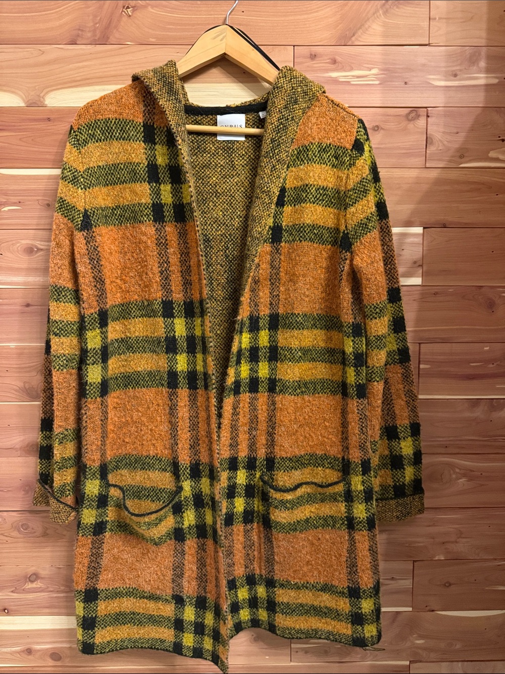 Cyrus Hooded Plaid Open-Front Coat in Orange and Black